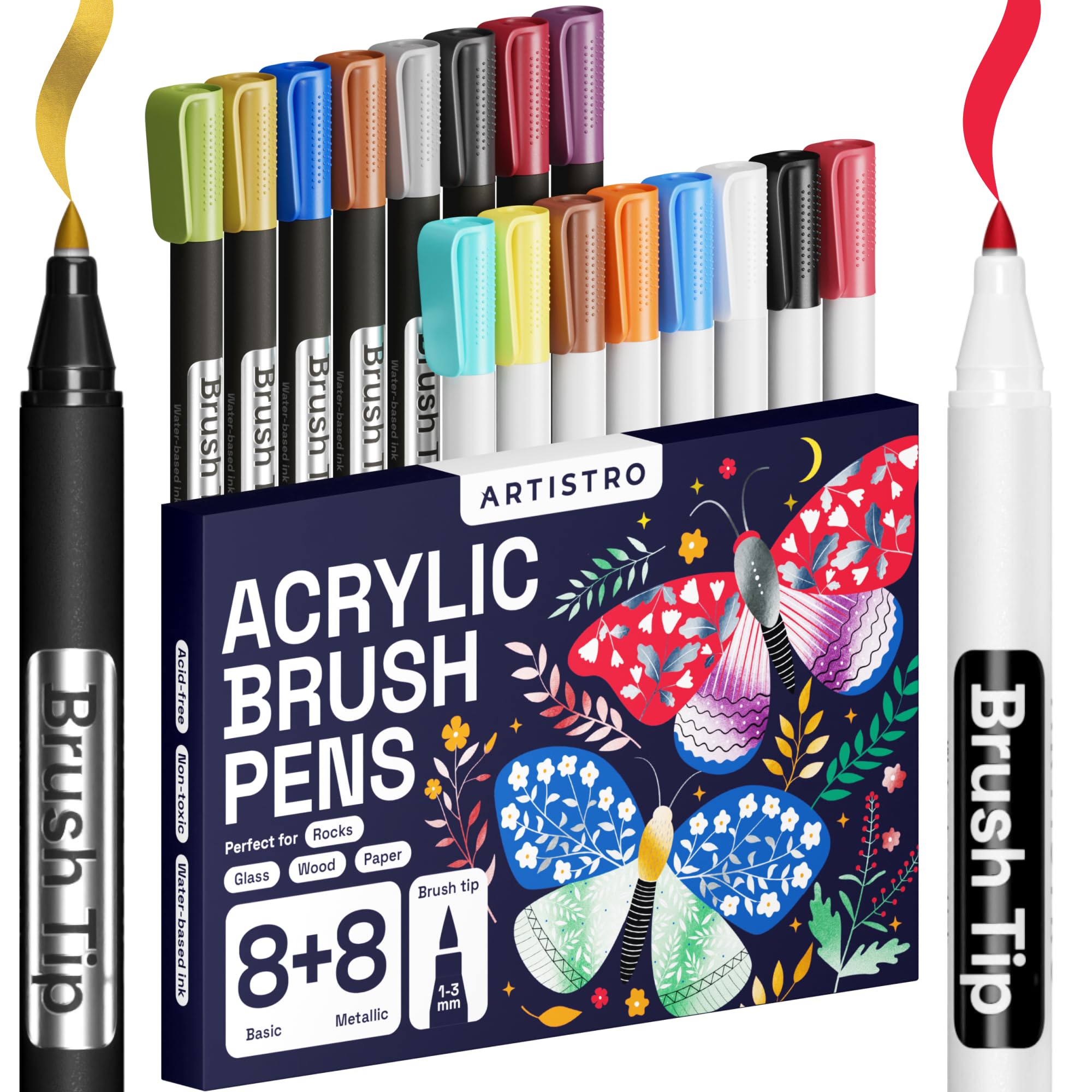ARTISTRO 2 Multicolor Acrylic Paint Pens, Dual Tip, Acrylic Marker Pens for Fabric, Canvas, Rock, Glass, Wood, Paper, DIY, Kids and Adults (Brush + Fine 1 mm)