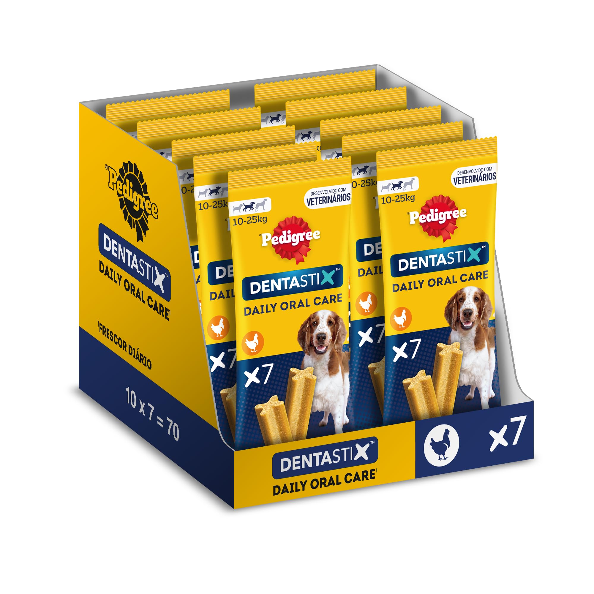 Pedigree DentaStix Daily Oral Care Dental Care Snack for Medium Dogs - Dog Treats with Chicken & Beef Flavour for Everyday - 70 Sticks (10 x 7 Pack)
