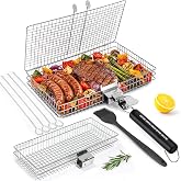 2 Pack Stainless Steel Grill Basket Set with Removable Wooden Handle, BBQ Grilling Rack for Outdoor Cooking, Portable Smoker Grilling Accessories for Fish, Vegetables, Shrimp, Meat &amp; Chicken