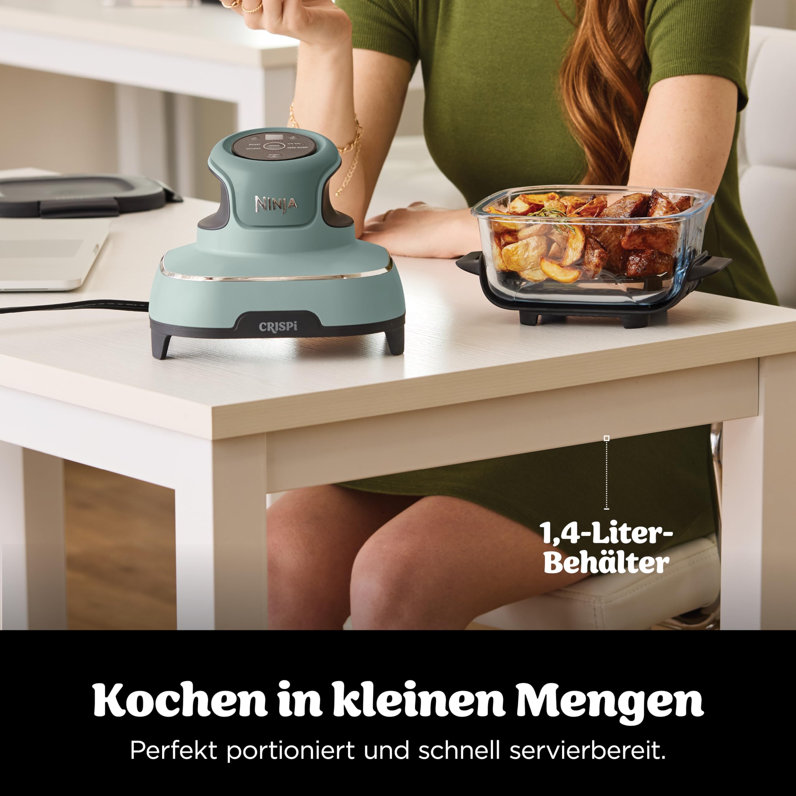 Ninja CRISPi Tragbare Air Fryer Heißluftfritteuse, 3,8 l, 4-in-1: Heißluftfrittieren, Braten, Warmhalten, Recrisp, Kompakt, 6 Portionen, 2 Herausnehmbare Glasbehälter & Deckel, 1700 W, Sage FN101EUSG 7