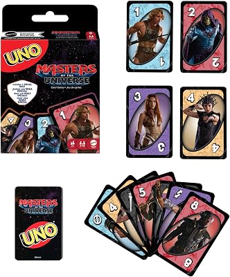 UNO Masters of The Universe Juego de Cartas con baraja temática de la película para niños, Noches en Familia, Fiestas, Viajes y acampadas, 2-10 Jugadores, +7 años, JMF11