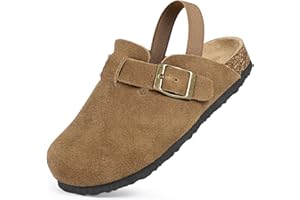 FANTURE Kids Suede Clogs Toddler Clogs Boys Girls Cork Footbed Sandals Adjustable Buckle Mules Kid Slippers Flat Shoes