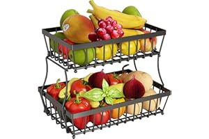DitKos 2 Tier Fruit Basket, Fruit & Veggie Organizer, Black Iron Metal, Countertop Storage, 2 Tiers Detachable, Fruit Bowl fo
