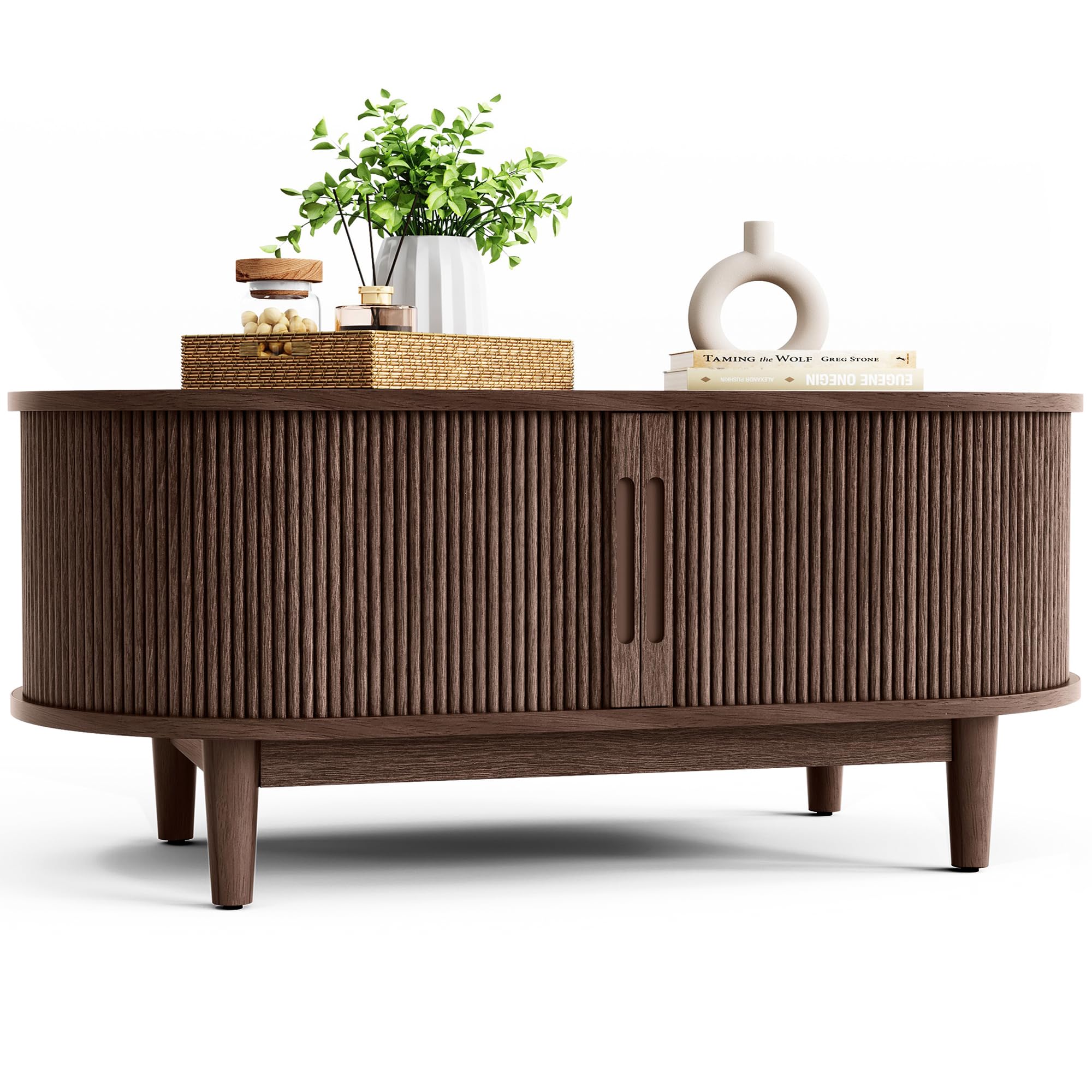 Photo 1 of **DOORS ARE STUCK.MDIRT.MSCRAPES**LINSY HOME Oval Coffee Table, Wood Coffee Table with Storage, Fluted Accent Center Table with Sliding Tambour Door, 39" Mid Century Modern Coffee Tables for Living Room, Bedroom, Apartment, Walnut