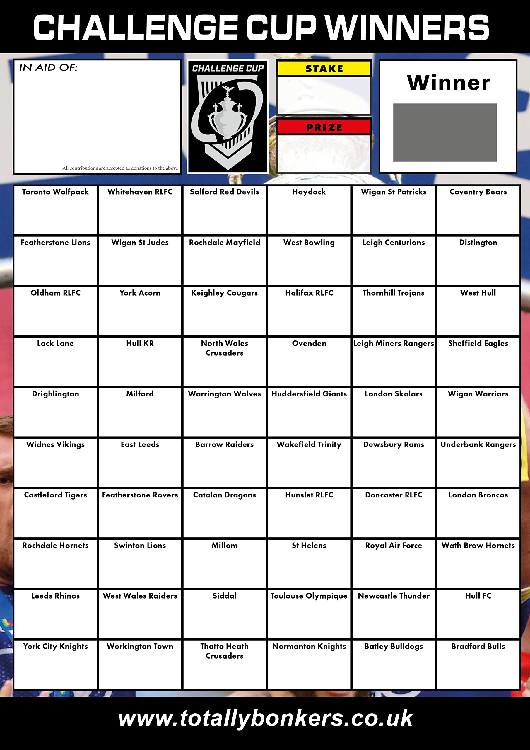 Totally Bonkers - Rugby League (Challenge Cup) Fundraising Scratch Cards - 60 Square - A5 (148x210mm) - 10 Pack - TB0079 - Blind Card