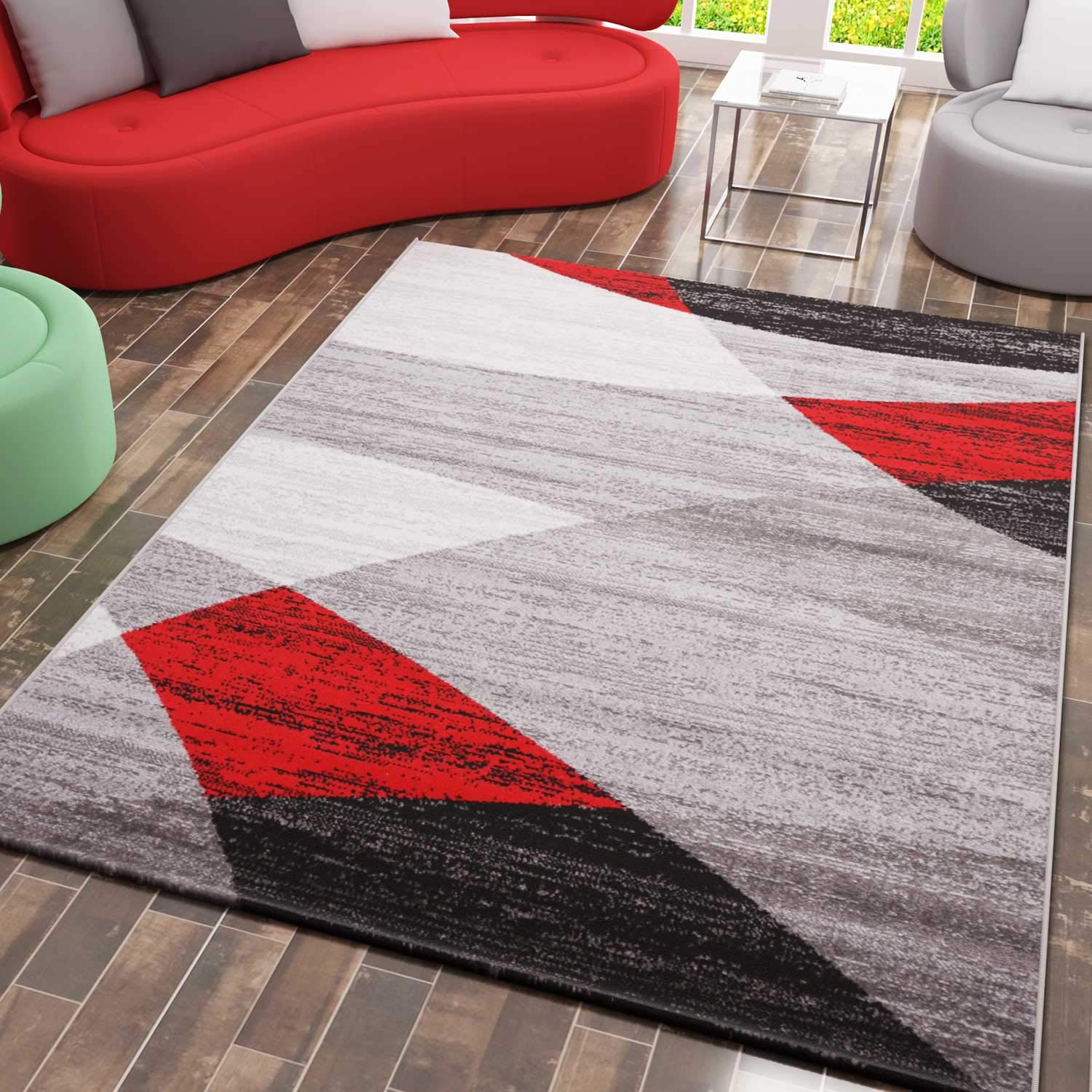 VIMODA Modern Living room Rug, Geometrical Pattern, Mottled in Grey, White, Black and Red - ÖKO TEX Certified - Red, 60 cm x 110 cm