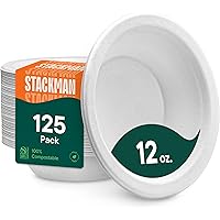 Stack Man 100% Compostable 12 oz Heavy-Duty Bowls [125-Pack] Eco-Friendly Disposable White Bagasse Bowl, Made of Natural Suga