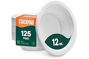 Stack Man 100% Compostable 12 oz Heavy-Duty Bowls [125-Pack] Eco-Friendly Disposable White Bagasse Bowl, Made of Natural Suga