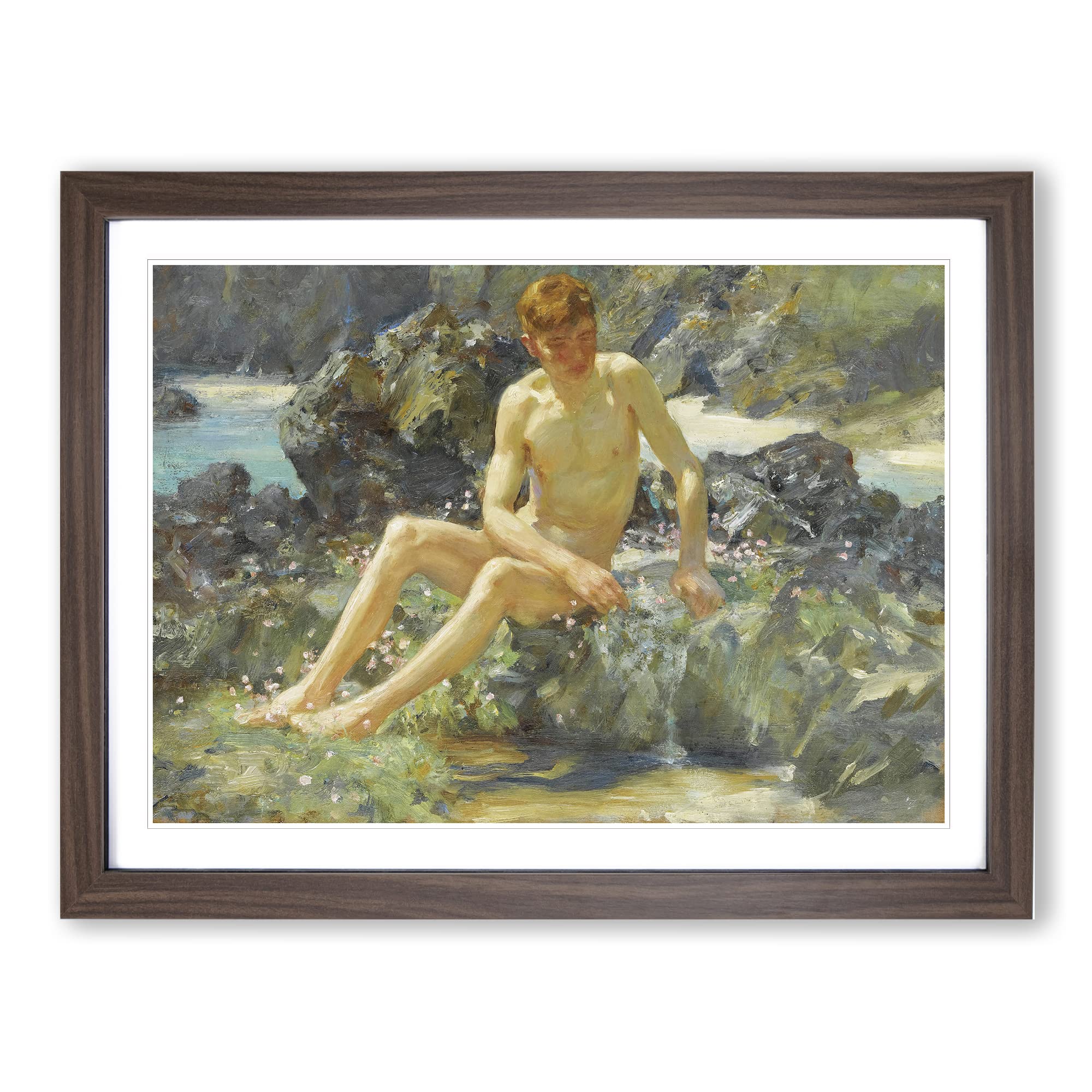 Nude Man On The Rocks By Henry Scott Tuke Classic Painting Framed Wall Art Print, Ready to Hang Picture for Living Room Bedroom Home Office Décor, Walnut A3 (46 x 34 cm)