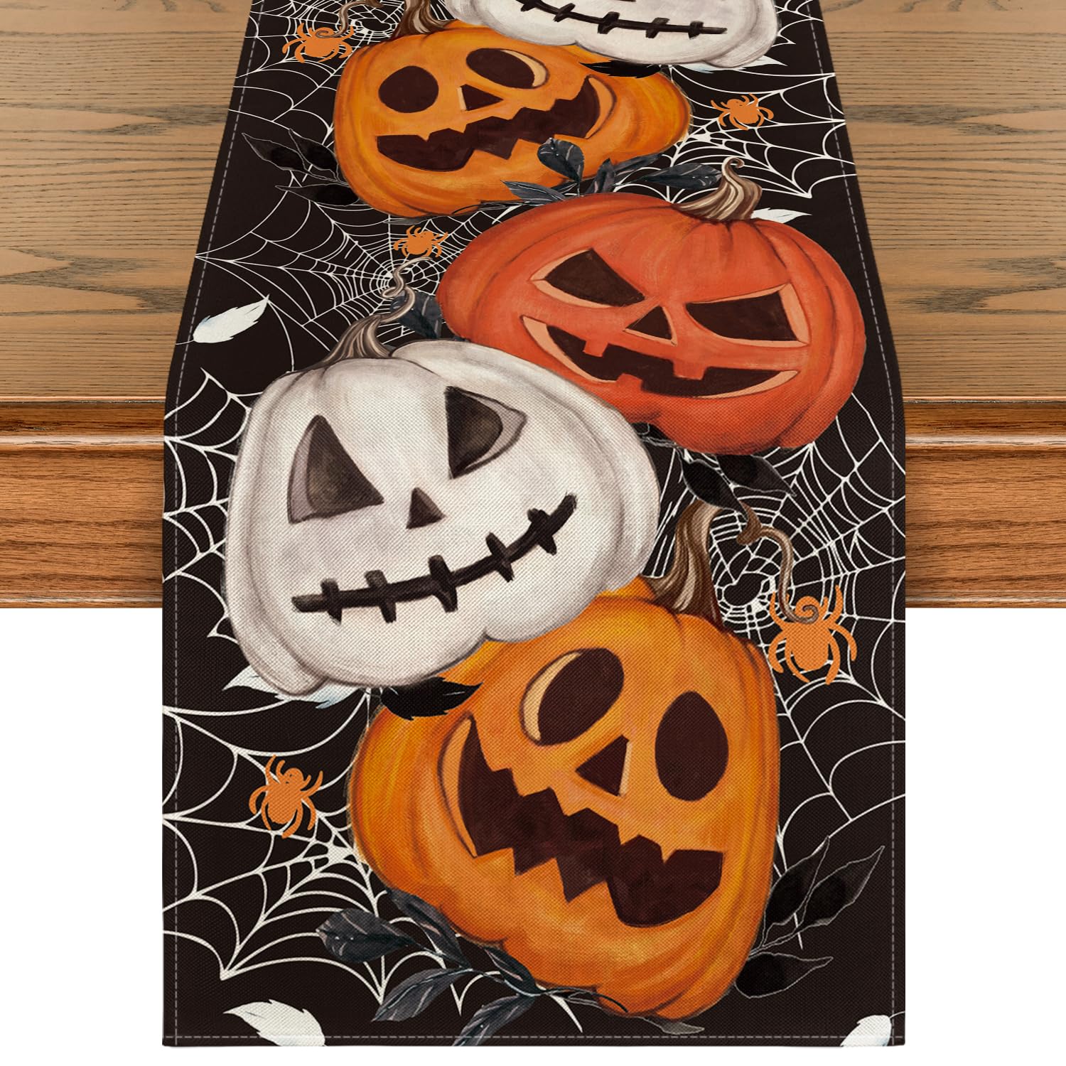Artoid Mode Black Jack-O-Lantern Pumpkins Spider Web Halloween Table Runner, Leaves Kitchen Dining Table Decoration for Home Party Decor 40x180 cm