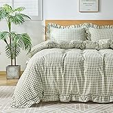 kisswish Gingham Duvet Cover Queen Size, 3 Pieces Soft Breathable Microfiber Plaid Comforter Cover with Zipper Closure & 2 Pillow Shams, Ruffle Farmhouse Vintage Decor, Sage Green
