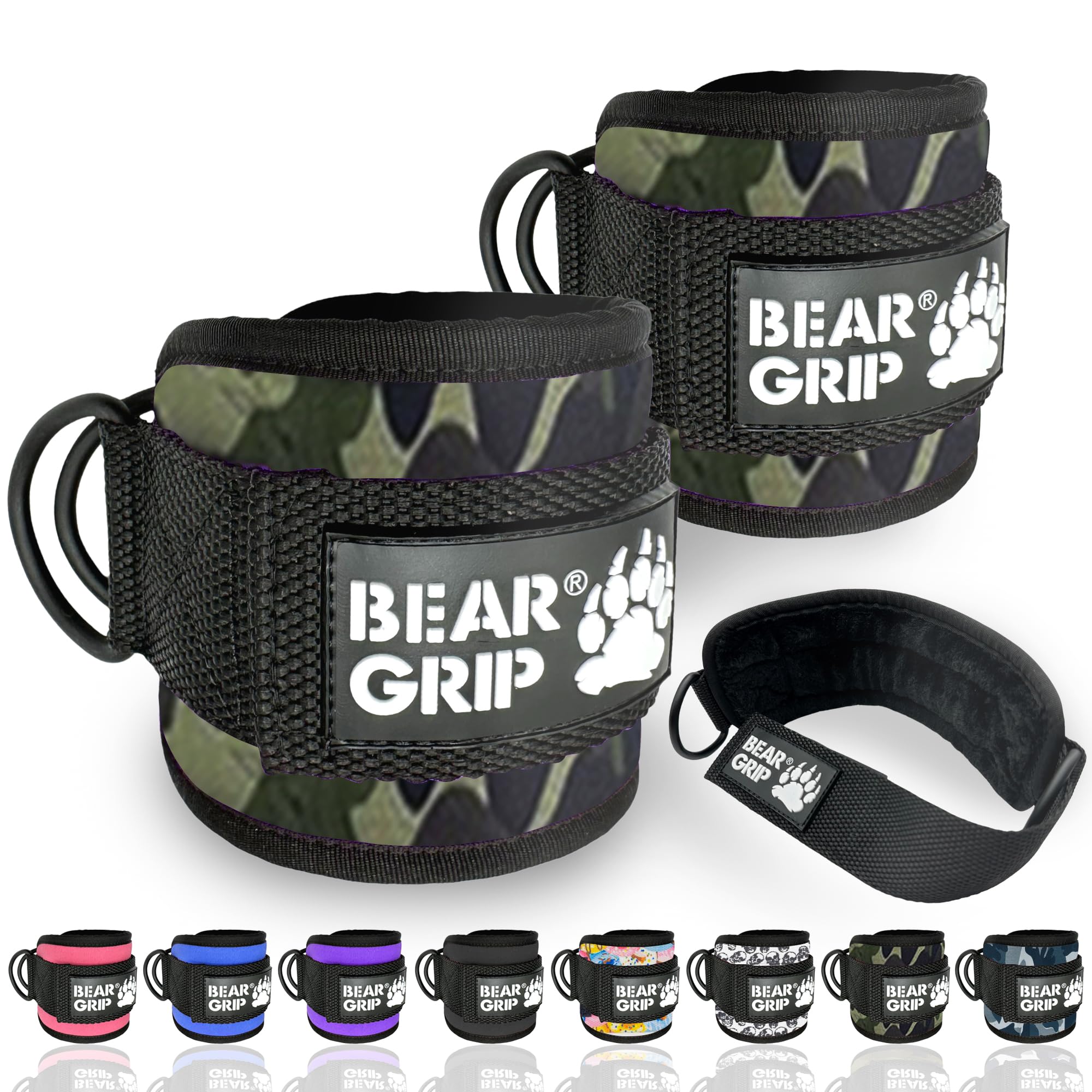 BEAR GRIP - Ankle Straps for Cables with New Fleece Design - Strong Closure, Double Stainless Steel D-Ring, Adjustable Neoprene - For Men & Women (Army Green - Pair)