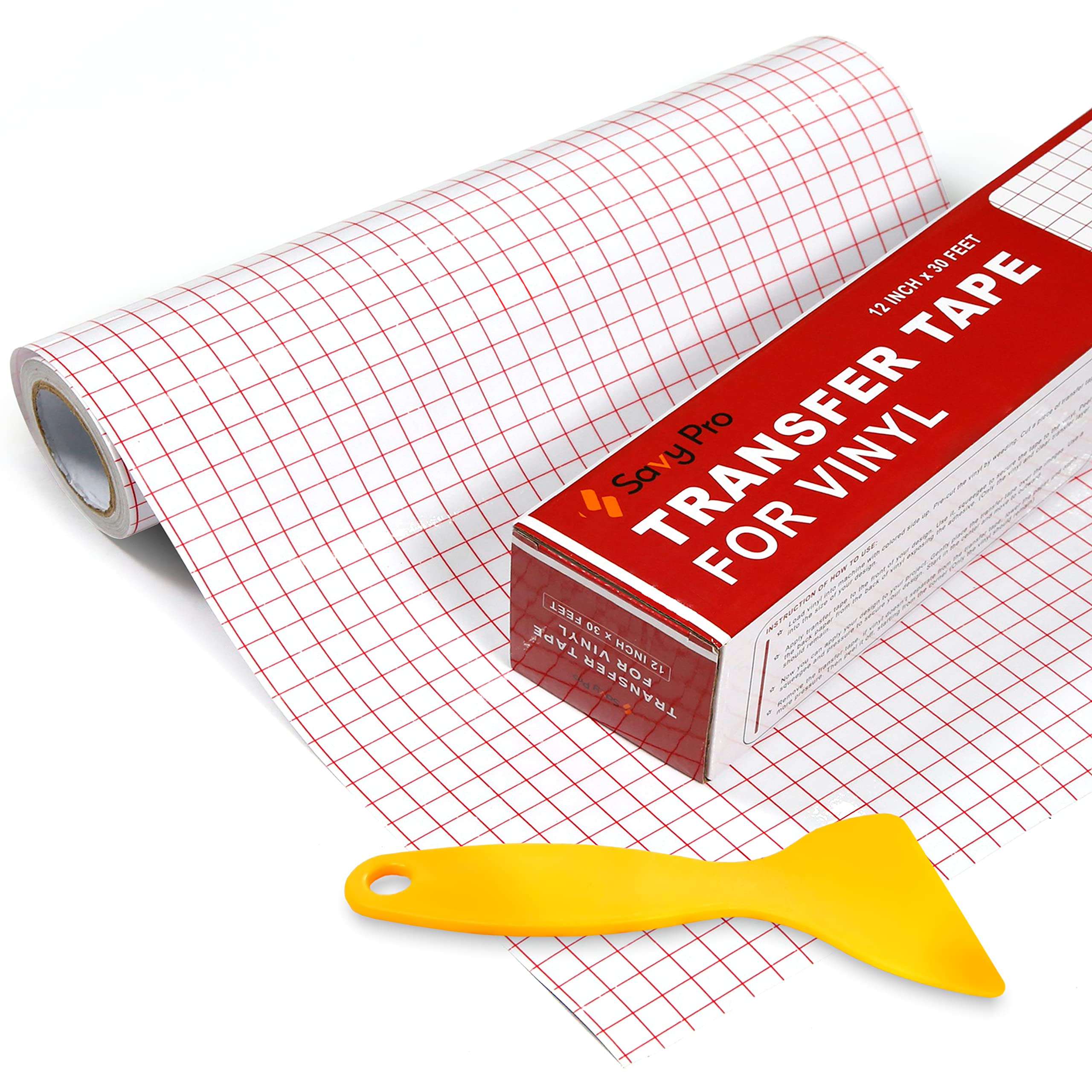 Savypro Transfer Tape for Vinyl – 12" x 30 FT Clear Cricut Transfer Tape with Red Grid Alignment – Medium Tack Vinyl Transfer Paper – Transfer Tape for Vinyl Cricut, Decals, Stickers, Signs