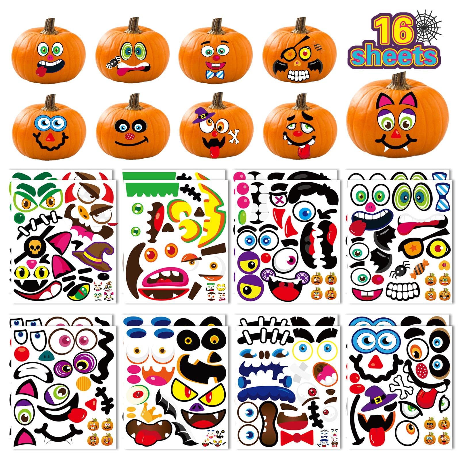 Photo 1 of 64 Pack Large Halloween Pumpkin Decorating Stickers, Make Pumpkin Face Stickers for Halloween Kids Toddlers Party Decorating Party Favor Supplies