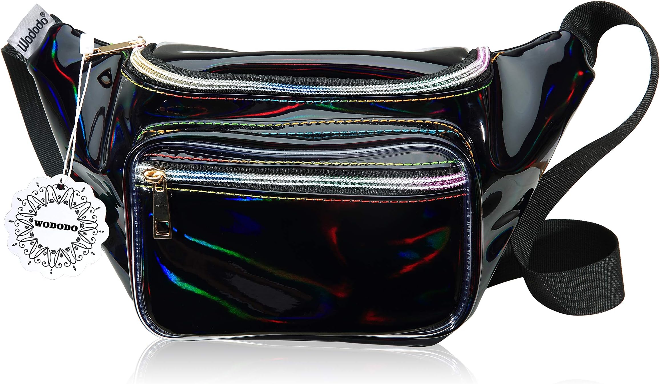 Shiny Neon Fanny Bag for Women Rave Festival Hologram Bum Travel Waist Pack (Black)