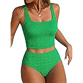 ZAFUL Womens Tankini Swimsuits Two Piece Tummy Control Bathing Suits Textured Tankini Swim Top with High Waisted Bottom