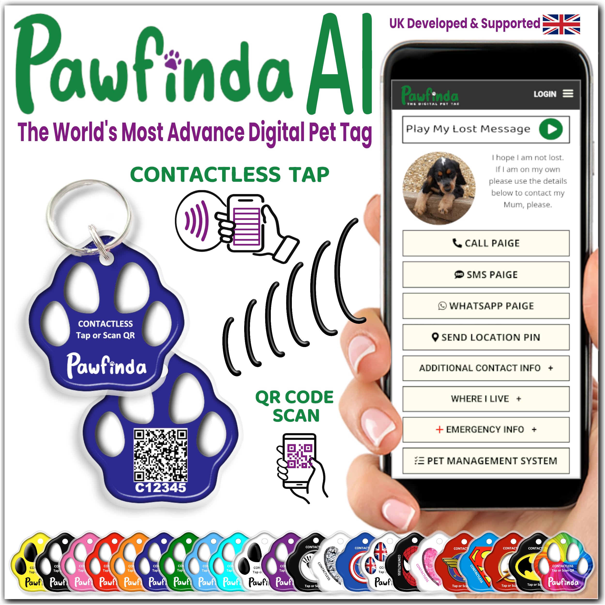 PAWFINDA – Next Generation AI Digital Personalised Cat Dog Pet Engraved ID Tag with CONTACTLESS NFC and QR Code Technology Now with PawVoice AI. UK Developed, Designed, and Supported. (Dark Blue Paw)