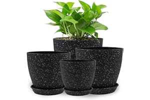 KPUVX Plant Pots Indoor with Saucers & Drainage - 4 Pack Flower Pots for Indoor Plants- Plastic Planters for Outdoor Planter - 8.5/7.5/6.5/6 inches Sizes for All Different Types of Plants (Black)