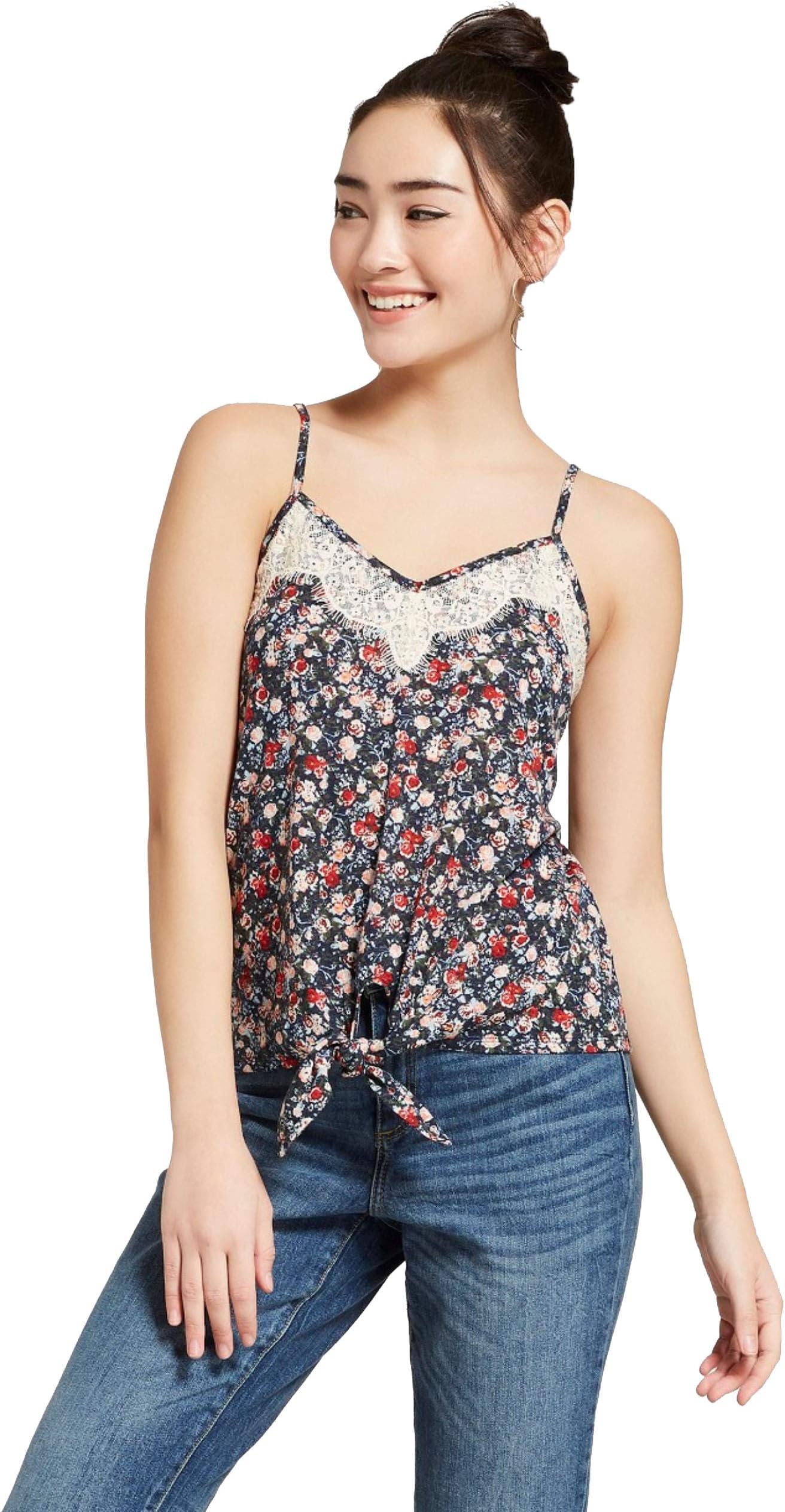 Xhilaration Women's Floral Print Tie Front Cami with Lace Trim - XXLarge - Blue