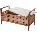 Banc Rangement Relaxdays - Bois Noyer - Banquette Coussin Blanc - 92x49x46.5cm - Multifonction