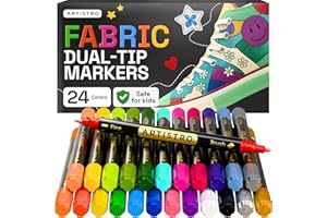 ARTISTRO 24 Dual-Tip Fabric Markers - Fabric Decorating Kit - Permanent for Clothes - Acrylic Paint Pens for Sneakers, Bags, Shoes, Textile, Canvas, Sewing, Craft, DIY - Brush and Fine Tip