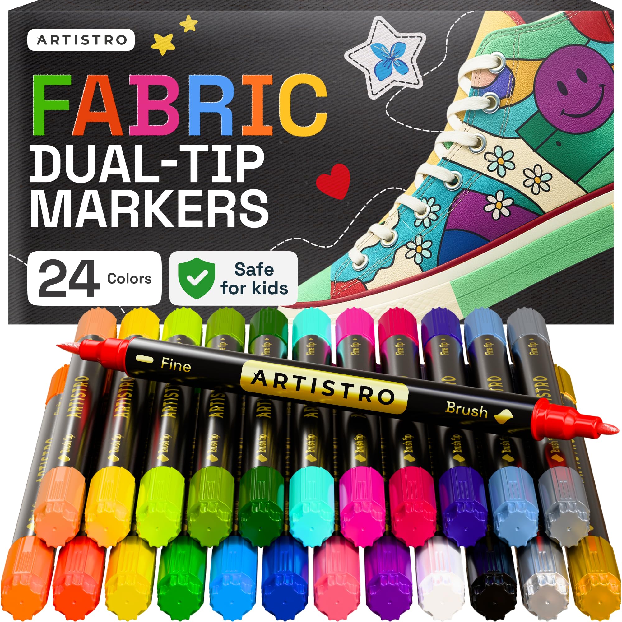 Photo 1 of ARTISTRO 24 Dual-Tip Fabric Markers - Fabric Decorating Kit - Permanent for Clothes - Acrylic Paint Pens for Sneakers, Bags, Shoes, Textile, Canvas, Sewing, Craft, DIY, and More - Brush and Fine Tip