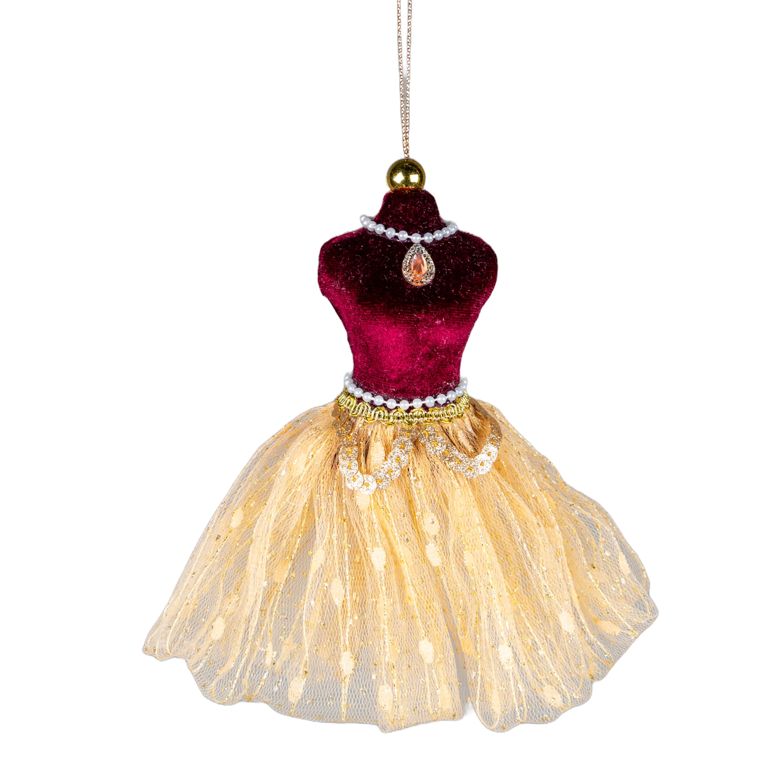 Burgundy and Gold Ballerina Costume Figure 15cm - Christmas Tree Hanging Decorations Festive Decorative Ornaments Fairy Tale Themed Xmas Tree Pendant