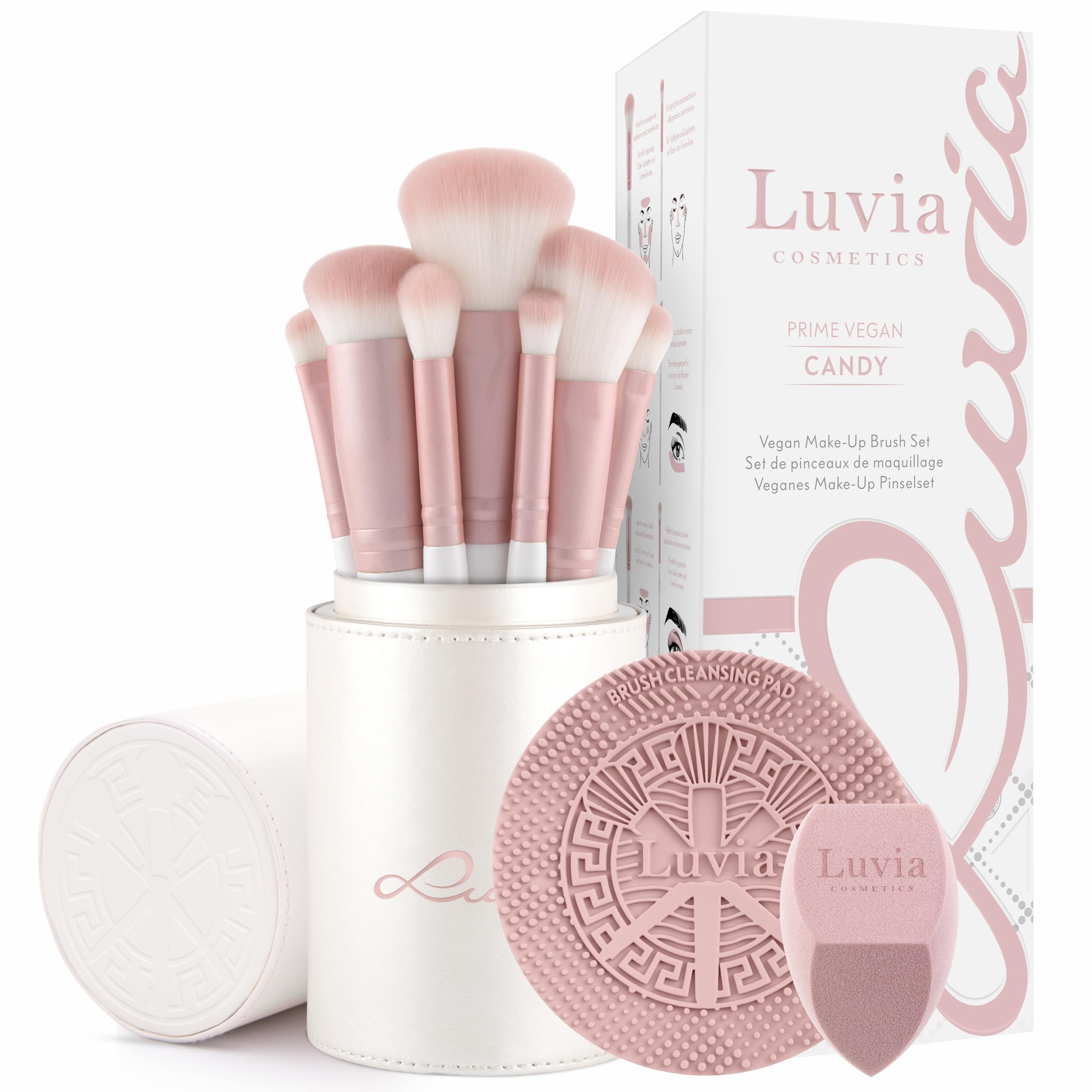 Luvia Prime Vegan Pro Candy Make-Up Brush Set, 7 Makeup Brushes Including Brush Storage, Blender Sponge & Cleaning Mat for Cosmetic Brushes, Mother of Pearl & Pearl Pink