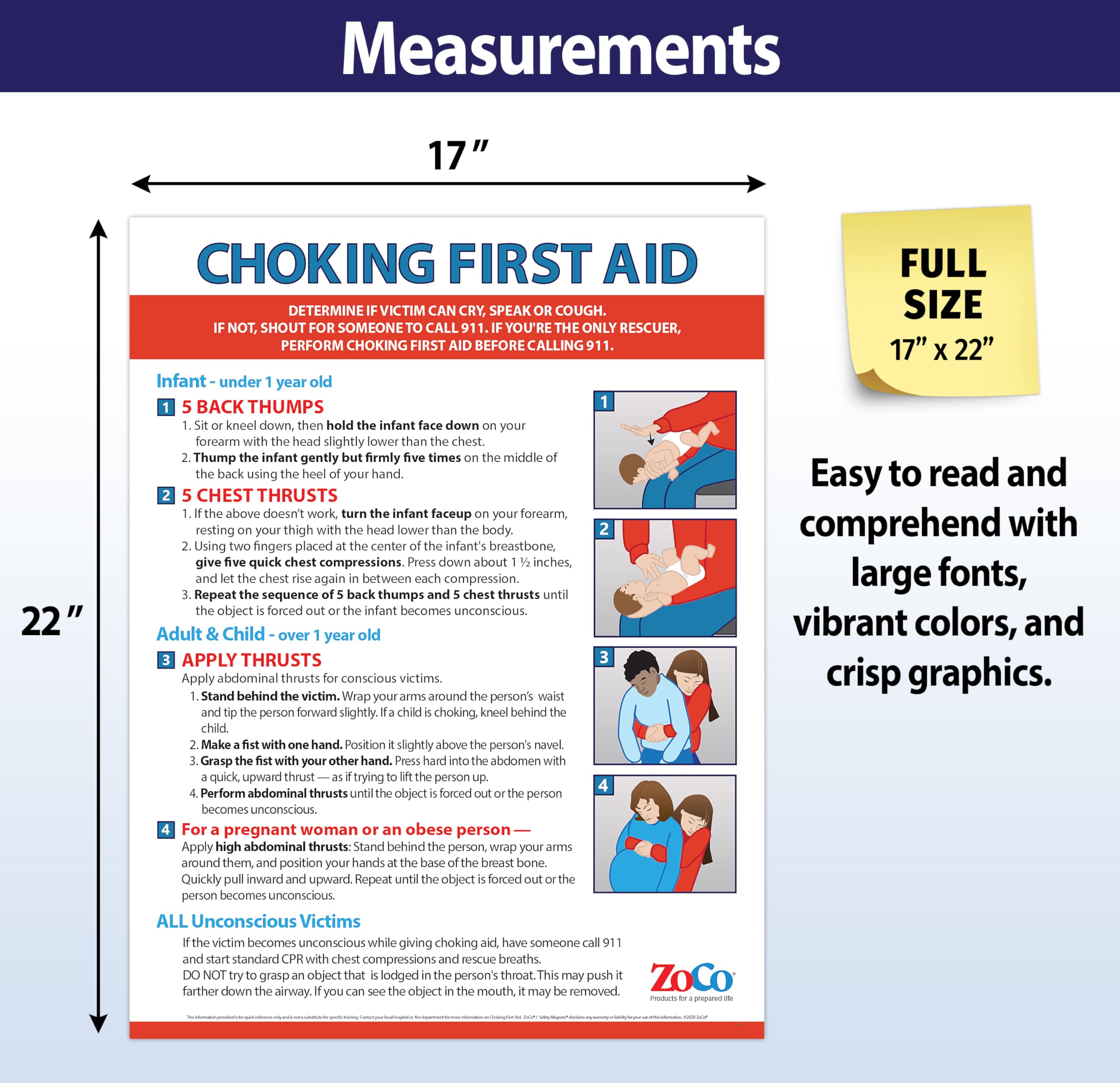 Choking Poster for Infant, Child, Adult - Laminated, 17 x 22 - Heimlich Maneuver Posters for Restaurants, Workplace, School Nurse Office - First Aid for Choking
