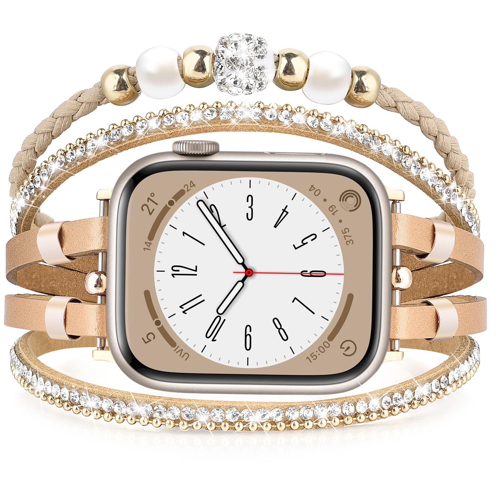 MOFREE Boho Leather Bracelet Compatible for Apple Watch Band 42mm 44mm 45mm Women, Dressy Beaded Jewelry Multilayer Apple Watch Strap Wrap for iWatch Band Series 9 8 7 6 5 4 3 2 1 SE Pink