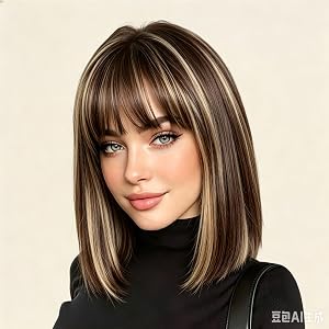 siswin Brown Mix Blonde Short Straight Bob Wig with Bangs for Women 12Inch | Shoulder Length,Heat Resistant Fiber under 248℉,