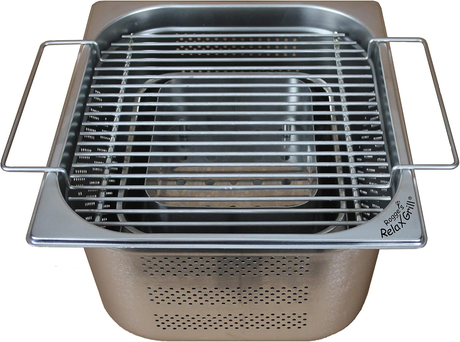 Rogge´s RelaxGrill ® – Einbaugrill aus Edelstahl für Gartentisch und Außenküche – gemeinsam Essen am Holzkohlegrill, wie beim Raclette oder Fondue mit Freunden oder der Familie