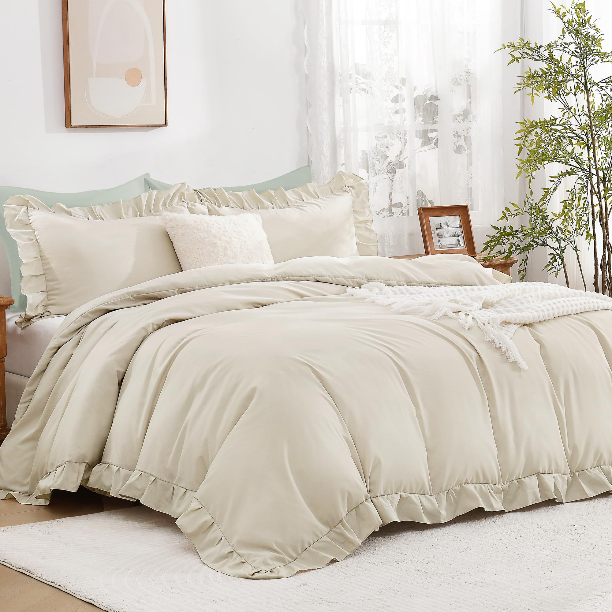 Photo 1 of Andency Beige Ruffle Duvet Cover Queen(90x90Inch), 3 Pieces Ruffled Farmhouse Shabby Chic Duvet Cover for Girls Kids Women, Soft Microfiber Duvet Cover Set with Zipper Closure & Corner Ties