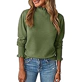 Saodimallsu Womens Ruffle Mock Neck Sweater Puff Long Sleeve Fall Soft Knit Casual Pullover Sweaters Top