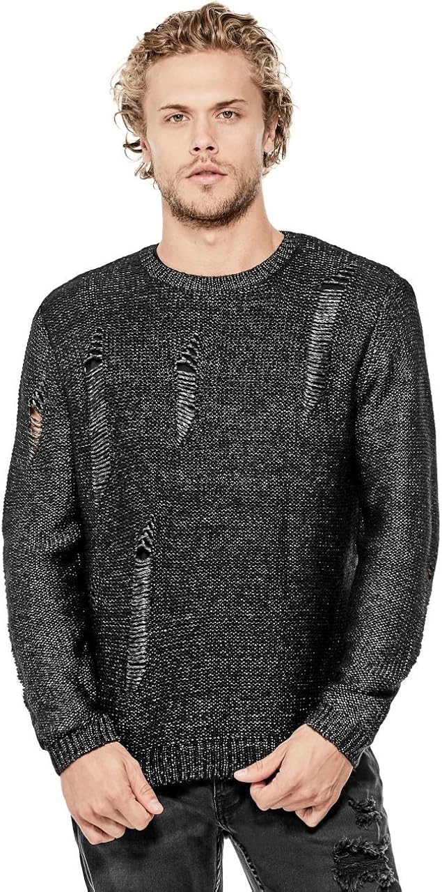 GUESS Mens Large Knitted Crewneck Distressed Sweater Blacks at Amazon
