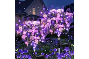 KOHLRABI Solar Garden Lights Outdoor, 2 Pack Purple Lavender Solar Butterfly Lights Gardening Gifts for Women, Solar Artificial Flower with Butterfly Purple Garden Decor for Lawn Patio