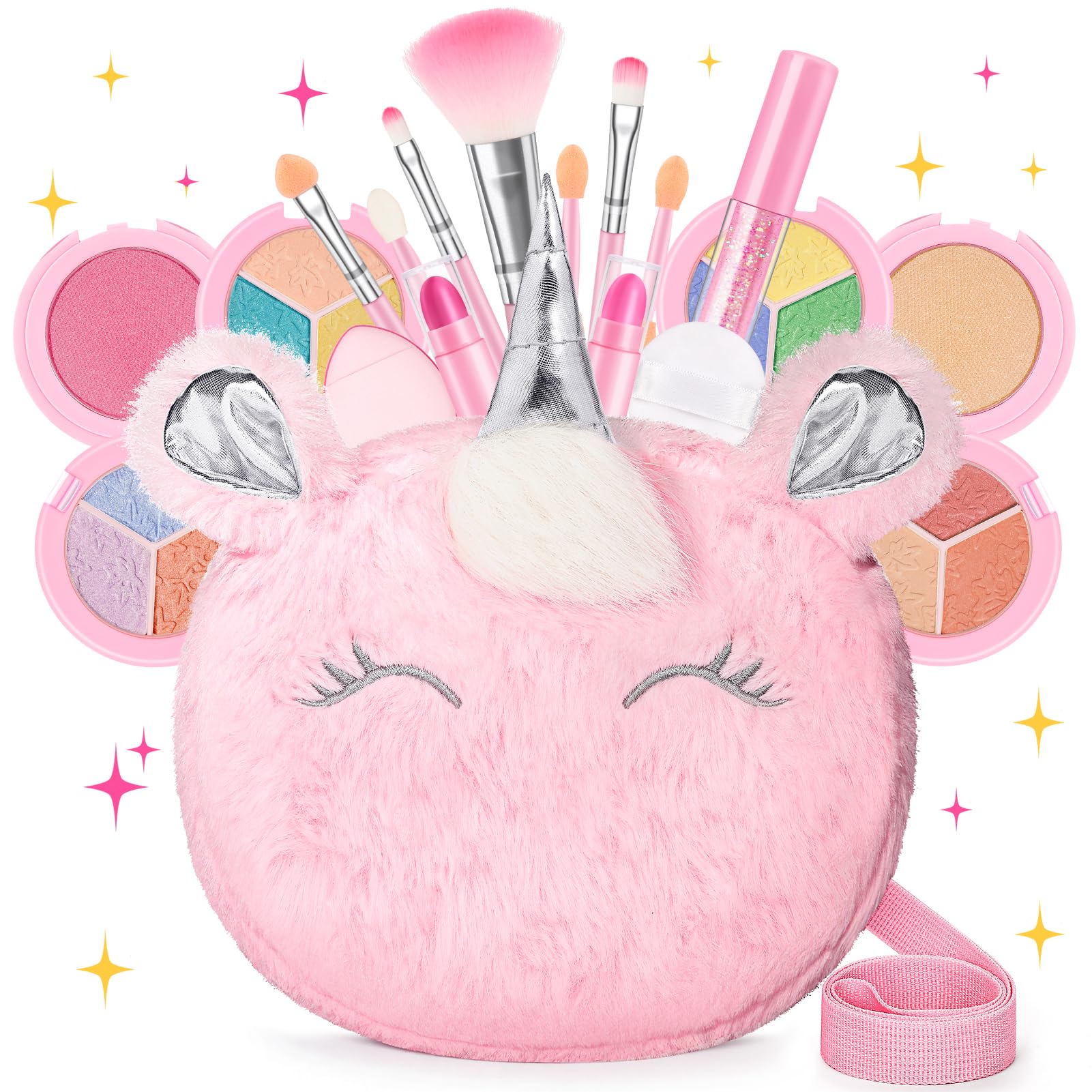 Kids Real Makeup Kit for Girls 3-10 Years Old : Washable Non Toxic Make Up Toys Easter Basket Stuffers for Toddler - 17Pcs Vanity Sets with Unicorn Purse for Kid Ages 3 4 5 6 7 8 Birthday Gift - Pink