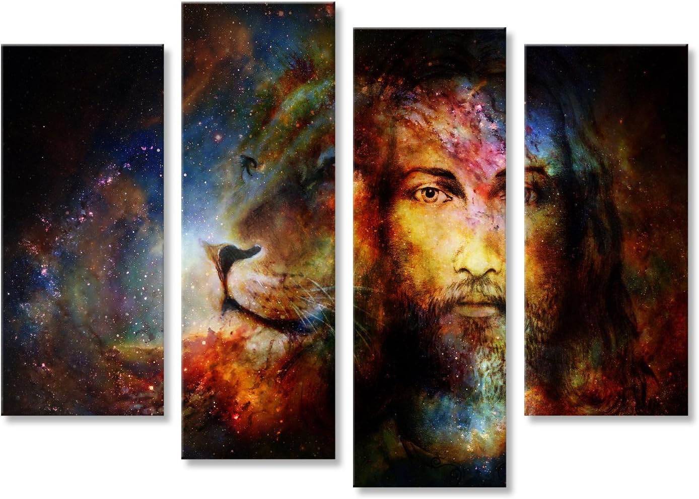 islandburner Canvas Art Print painting of Jesus with a lion in cosimc space, eye contact and lion profile portrai, Print