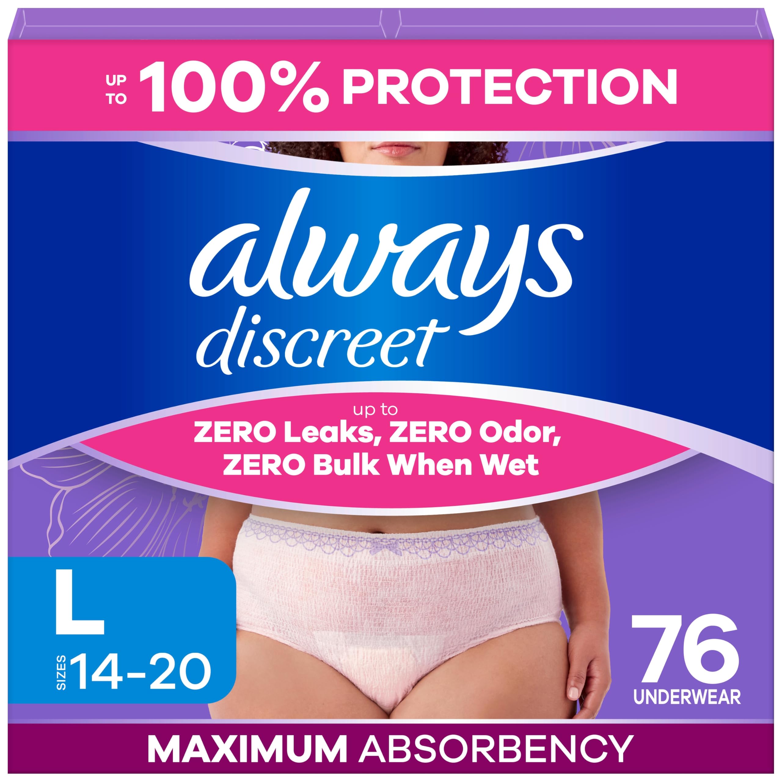Photo 1 of Always Discreet Adult Diapers for Women, Incontinence Underwear, Postpartum Essentials, Disposable Briefs, Max Absorbency, Bladder Leak Protection, Large, 76ct