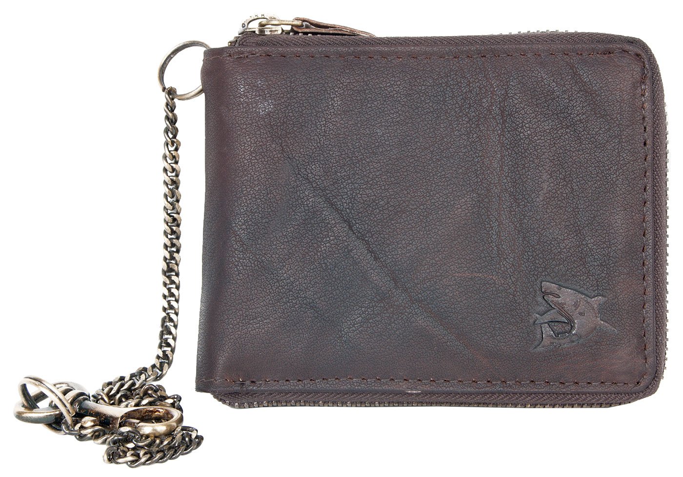 FLW Dark Brown Natural Strong Genuine Leather Zipper Wallet with Metal Chain With Shark