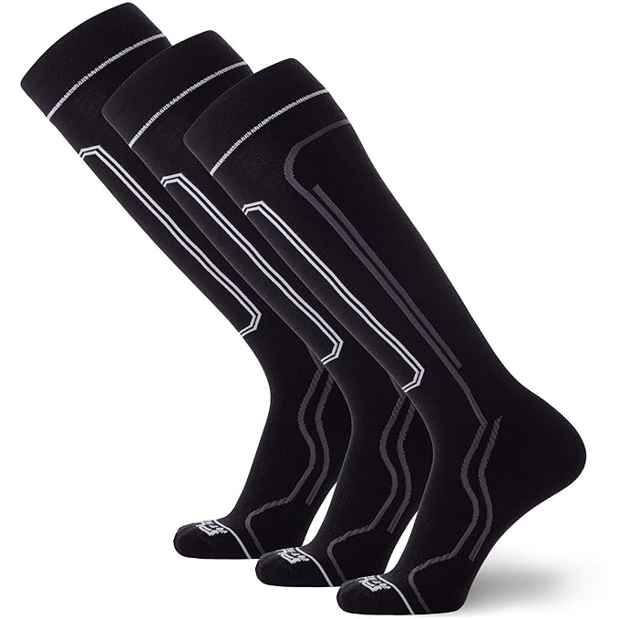 UltraThin Lightweight Ski Socks Snowboarding Skiing Sock, Merino Wool (Large, 3 Pairs Black