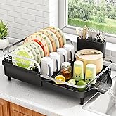 SAYZH Dish Drying Rack - Expandable Dish Rack for Kitchen Counter, Rust-Resistant Dish Drainer with Utensil Holder and Raised Guardrail, Kitchen Organizer for Cup and Bottle (Black)