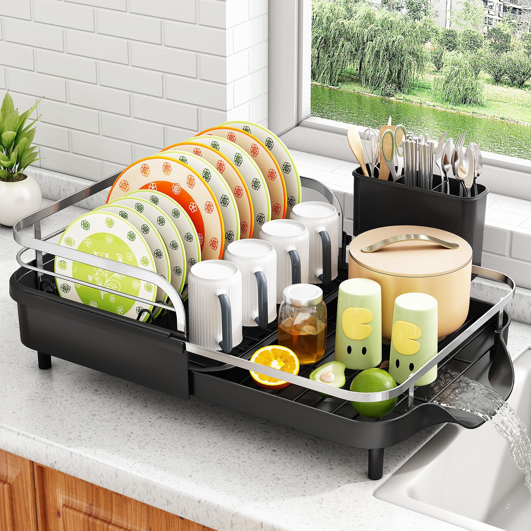 Photo 1 of SAYZH Dish Drying Rack - Expandable Dish Rack for Kitchen Counter, Rust-Resistant Dish Drainer with Utensil Holder and Raised Guardrail, Kitchen Organizer for Cup and Bottle (Black)