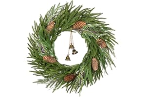 Briful Norfolk Pine Christmas Wreaths for Front Door, 20 inches Artificial Green Wreath with Pinecones Decorative Bells for Xmas Room Wall Kitchen Mantle Outdoor Porch Decor