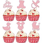 Gyufise 36Pcs Oh Baby Cupcake Toppers Glitter Pacifier Bear Cupcake Picks Cake Decorations for Gender Reveal Baby Shower Kids Boys Girls Birthday Party Supplies Pink