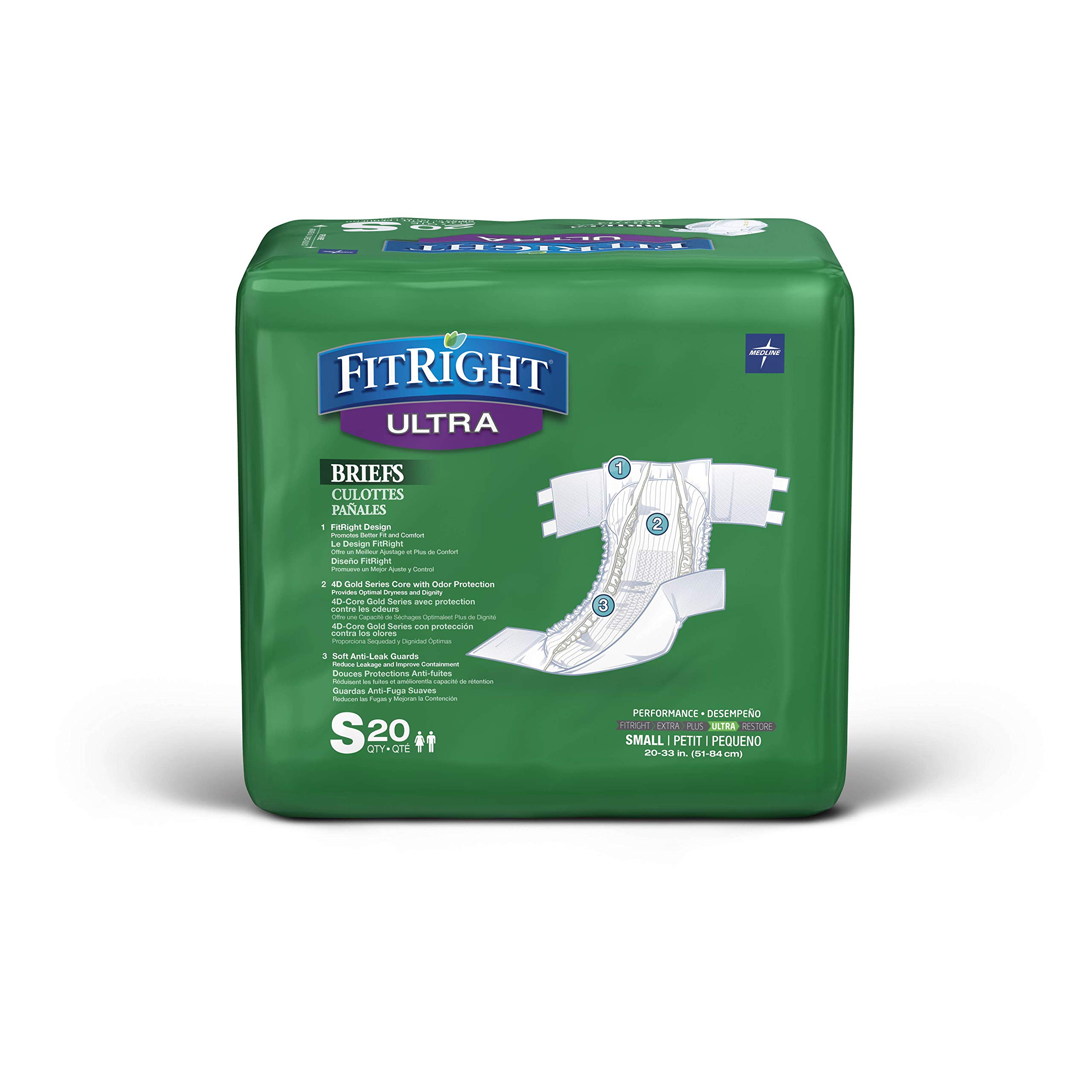 FitRight Ultra Adult Diapers, Disposable Incontinence Briefs with Tabs, Heavy Absorbency, Small, 20"-33" (Pack of 20)