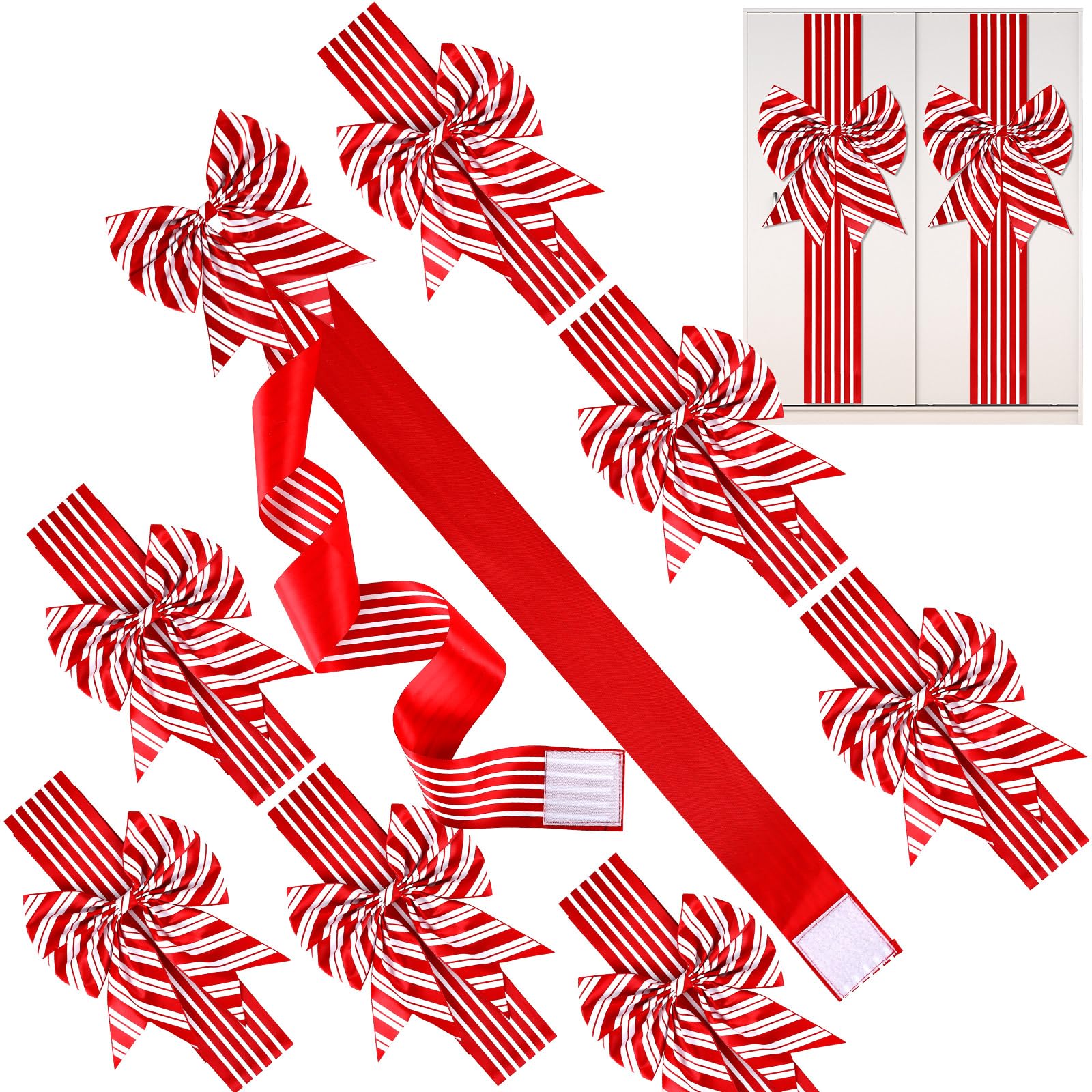 Photo 1 of 10 Pcs Christmas Cabinet Ribbons Large Bows for Christmas Cabinet Door Red White Bow Xmas Candy Cane Bows and Ribbon for Kitchen Cupboard Furniture Winter Holiday Home Party Decoration Gifts
