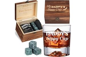 PONPUR Gifts for Dad Fathers Day, Daddy Sippy Cup Whiskey Glass Gifts Set with 4 Whiskey Stones & Wooden Box, Funny Gag Birthday Gifts for New Dad Him Husband, Dad Gifts, Stocking Stuffers