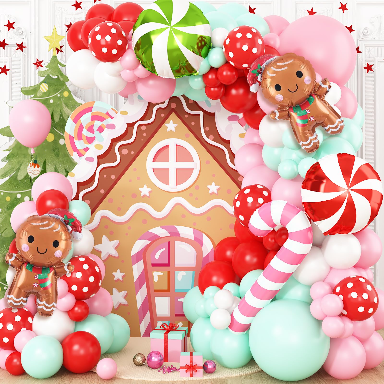 Christmas Balloon Arch Kit 139Pcs Pink Red Green White Balloons Garland with Gingerbread Man Candy Cane Foil Balloons for New Year Holiday Xmas Cookie Exchange Gingerbread House Party Decorations