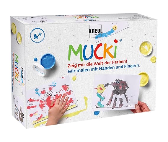 Kreul 29101 - Mucki Fingermalfarbe, Farben Spiel Kiste, Wir malen mit Händen und Fingern, Lern- und Spielset, 5 x 50 ml Finge
